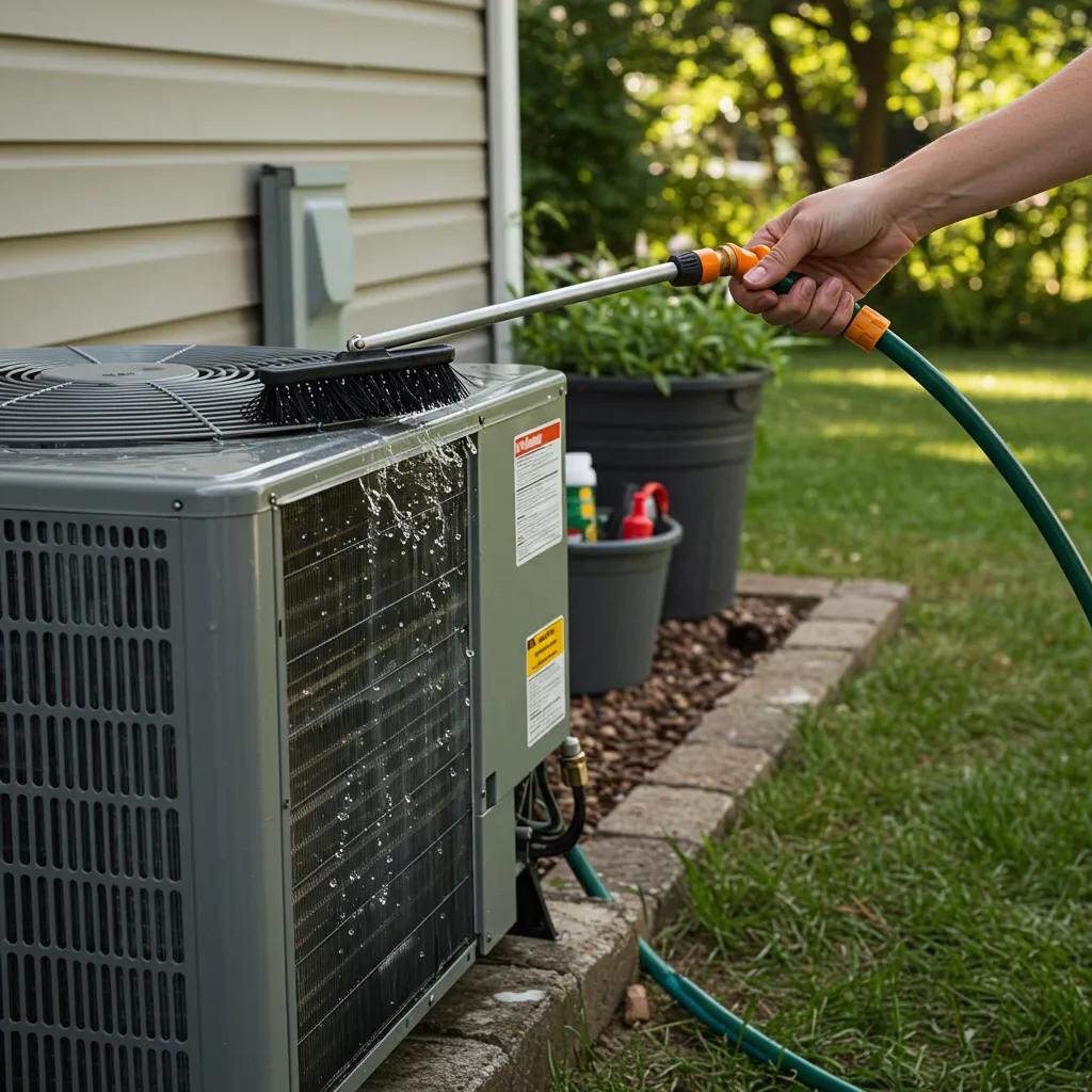 Homeowner cleaning outdoor AC unit to enhance efficiency