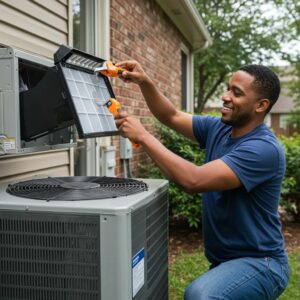 Houston homeowner performing DIY HVAC maintenance tasks