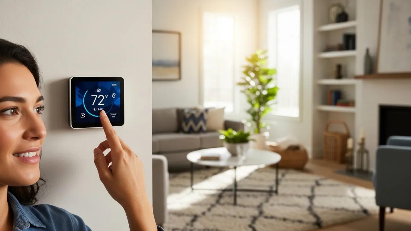 Spring HVAC Checklist for Homeowners 3 Homeowner adjusting a smart thermostat in a bright living room