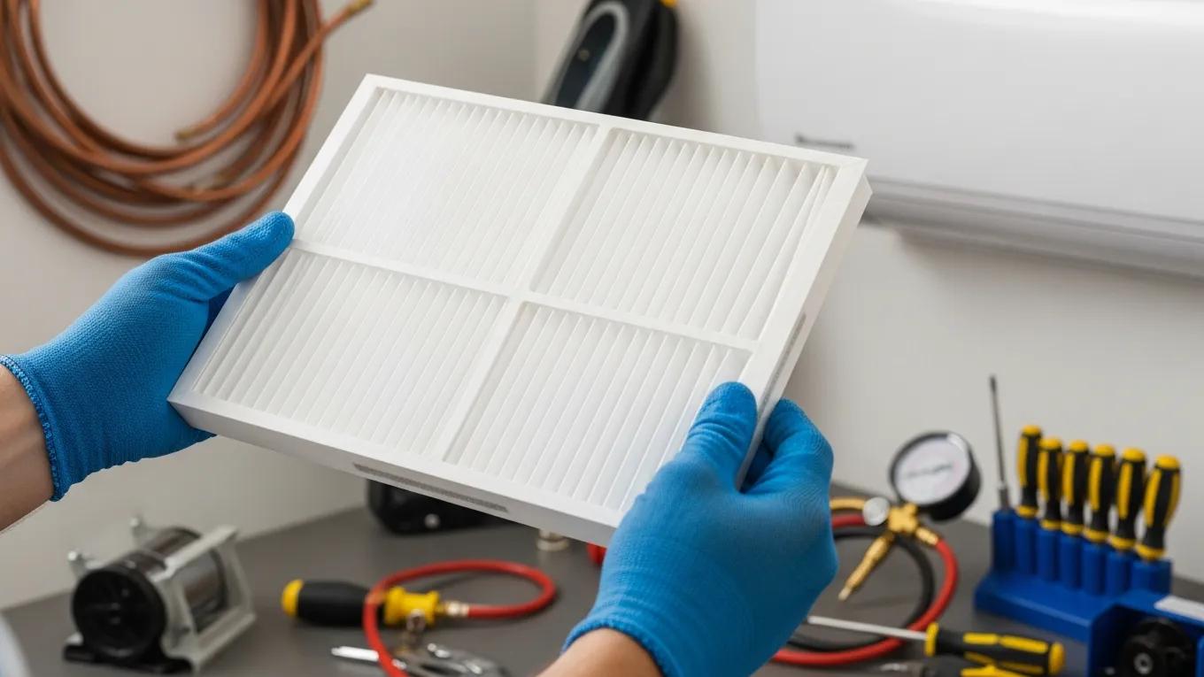 Spring HVAC Checklist for Homeowners 2 Technician holding a clean air conditioning filter with tools in the background