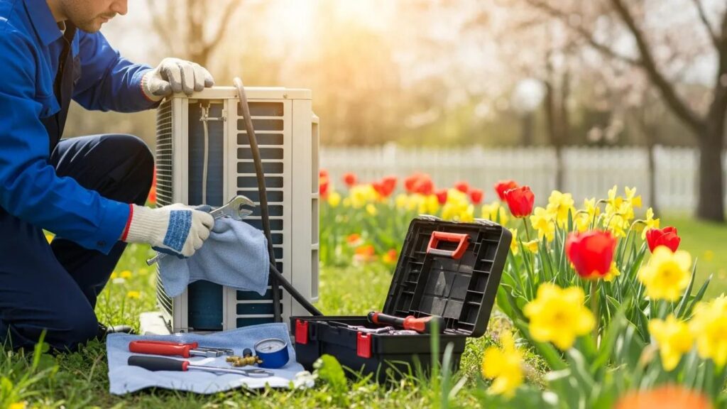 Spring HVAC Checklist for Homeowners 2 Technician performing HVAC maintenance in a spring setting with blooming flowers