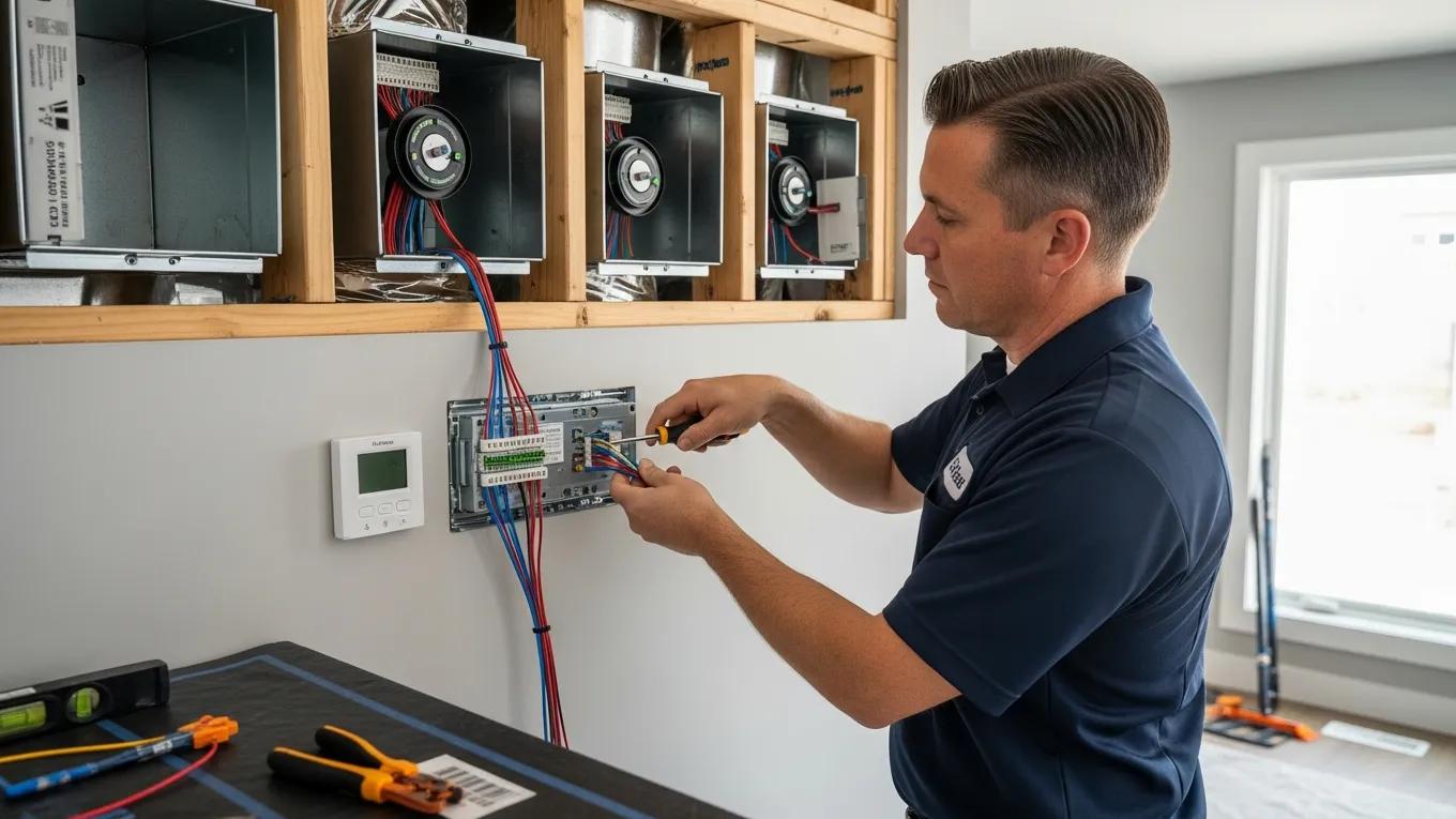 Enhance Your Home with Multi Zone HVAC Zoning Systems 3 Technician installing multi-zone thermostat with visible zoning dampers and ductwork