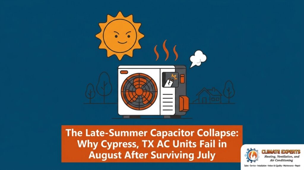 The Late-Summer Capacitor Collapse: Why Cypress AC Units Fail in August After Surviving July 1 The Late-Summer Capacitor Collapse: Why Cypress, TX AC Units Fail in August After Surviving July — featured image